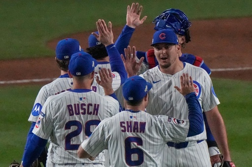 Chicago Cubs players celebrate after Game 3 of baseball's National League Division Series against the Milwaukee Brewers Wednesday, Oct. 8, 2025, in Chicago. (AP Photo/Nam Huh) Chicago Cubs players celebrate after Game 3 of baseball's National League Division Series against the Milwaukee Brewers Wednesday, Oct. 8, 2025, in Chicago. (AP Photo/Nam Huh)