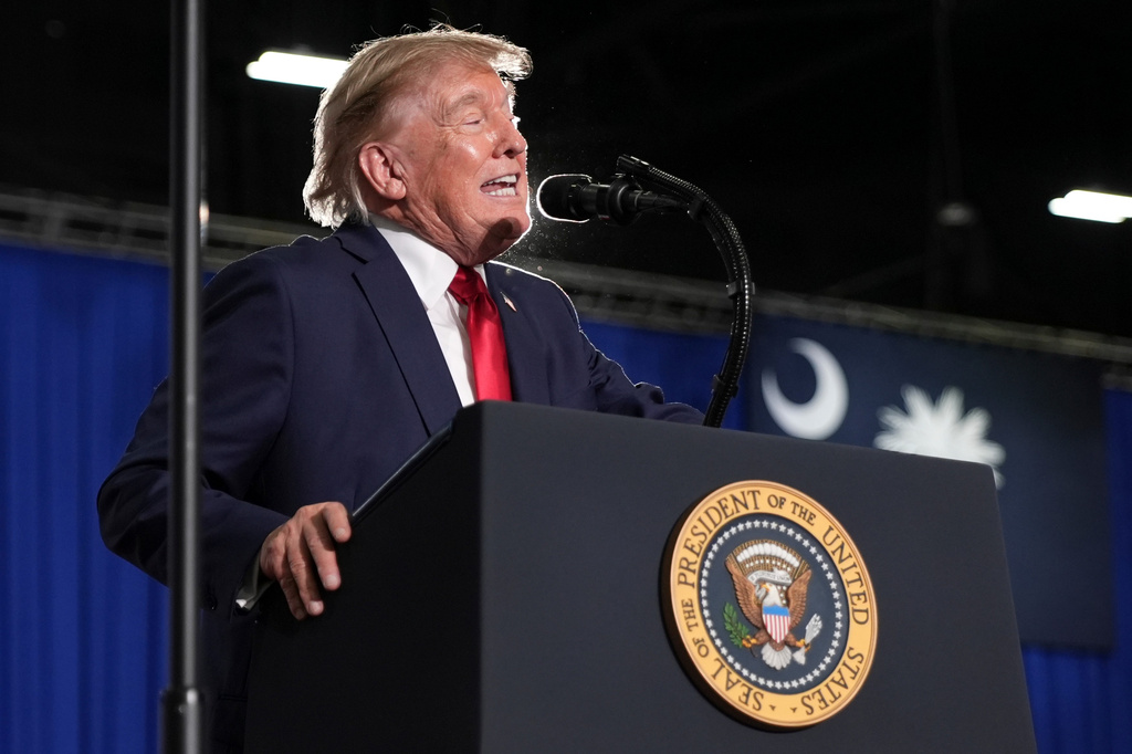 President Donald Trump speaks at a campaign rally for Sen. Darline Graham, R-S.C., at the Myrtle Beach Convention Center in Myrtle Beach, S.C., Friday, Aug. 21, 2026. (AP Photo/Jacquelyn Martin)