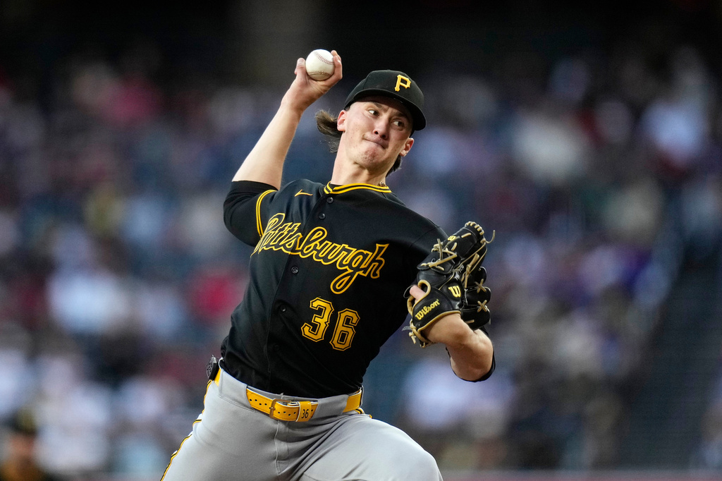 Pittsburgh Pirates starting pitcher Bubba Chandler throws against the Arizona Diamondbacks during the first inning of a baseball game, Tuesday, May 5, 2026, in Phoenix. (AP Photo/Ross D. Franklin)
