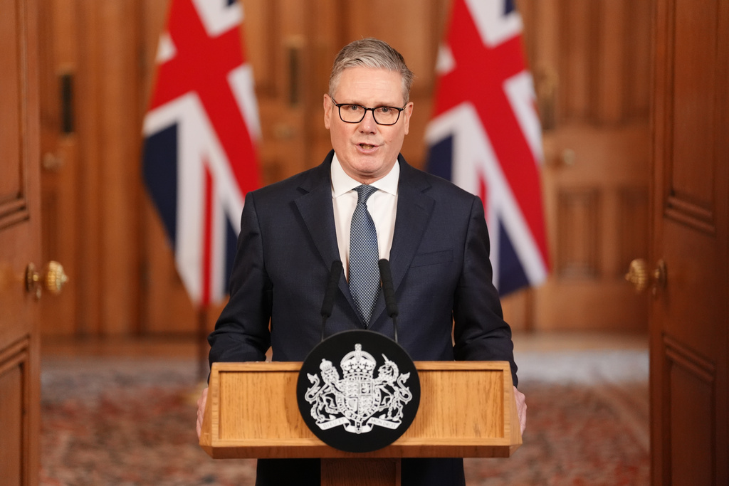 Britain's Prime Minister Keir Starmer issues a statement at 10 Downing Street, London, on the latest developments in the Middle East, Saturday Feb. 28, 2026. (Jonathan Brady/Pool via AP)