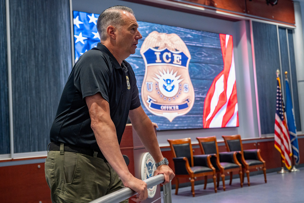 Todd Lyons, acting director of U.S. Immigration and Customs Enforcement (ICE) speaks to the press at the Federal Law Enforcement Training Centers (FLETC) in Brunswick, Ga. on Thursday, Aug. 21, 2025 about the training program ICE officers go through. (AP Photo/Fran Ruchalski)