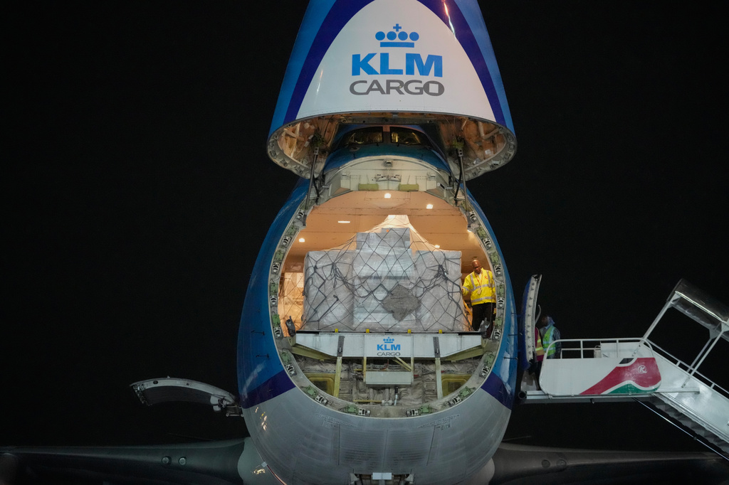Four mountain bongos, a type of antelope, repatriated from the Czech Republic, are offloaded from a plane at Jomo Kenyatta International Airport in Nairobi, Kenya, Tuesday, April 28, 2026. (AP Photo/Brian Inganga) CORRECTION: Type corrected to antelope, instead of gazelle