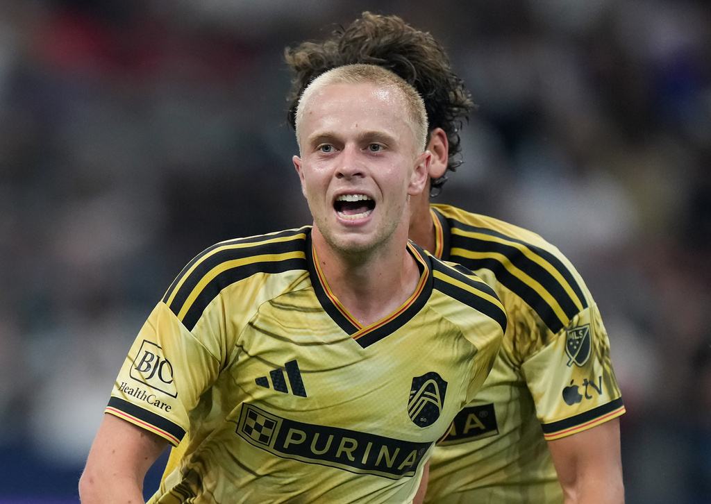 St. Louis City's Tomas Totland celebrates his goal during the first half of a soccer match against the Vancouver Whitecaps, in Vancouver, Saturday, Sept. 5, 2026. (Darryl Dyck/The Canadian Press via AP)