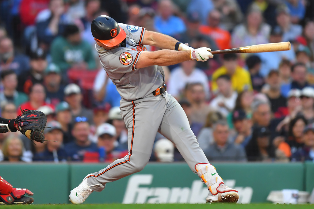 Baltimore Orioles' Pete Alonso hits a two-run home run in the third inning of a baseball game against the Boston Red Sox, Tuesday, June 2, 2026, in Boston. (AP Photo/Steven Senne)