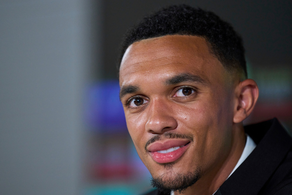 FILE - Real Madrid's new signing soccer player Trent Alexander-Arnold speaks during a press conference during his official presentation at Real Madrid's Valdebebas training ground in Madrid, Spain, Thursday, June 12, 2025. (AP Photo/Manu Fernandez, file)