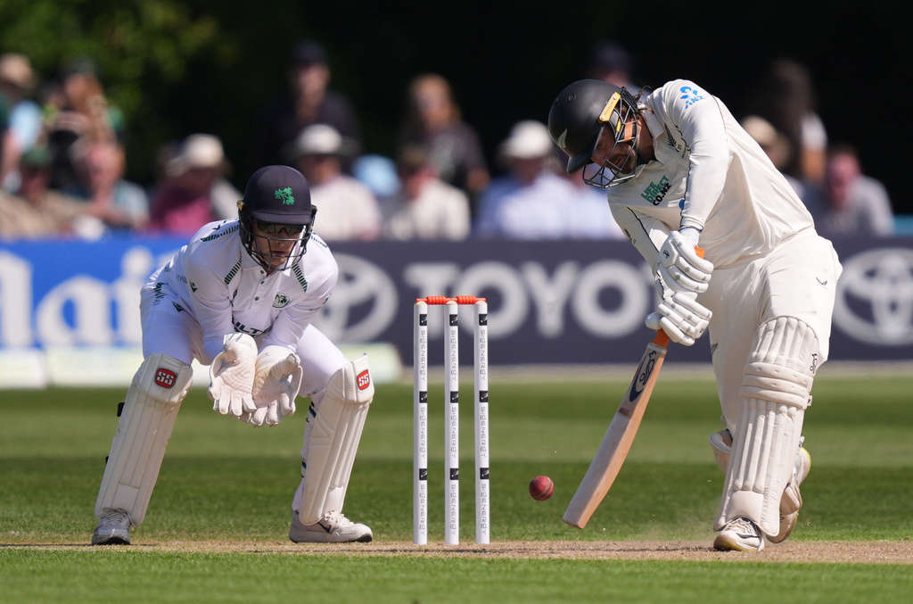 New Zealand's Tom Blundell bats on day one of the International Test Match between Ireland and New Zealand, in Belfast, Ireland, Wednesday May 27, 2026. (Niall Carson/PA via AP)