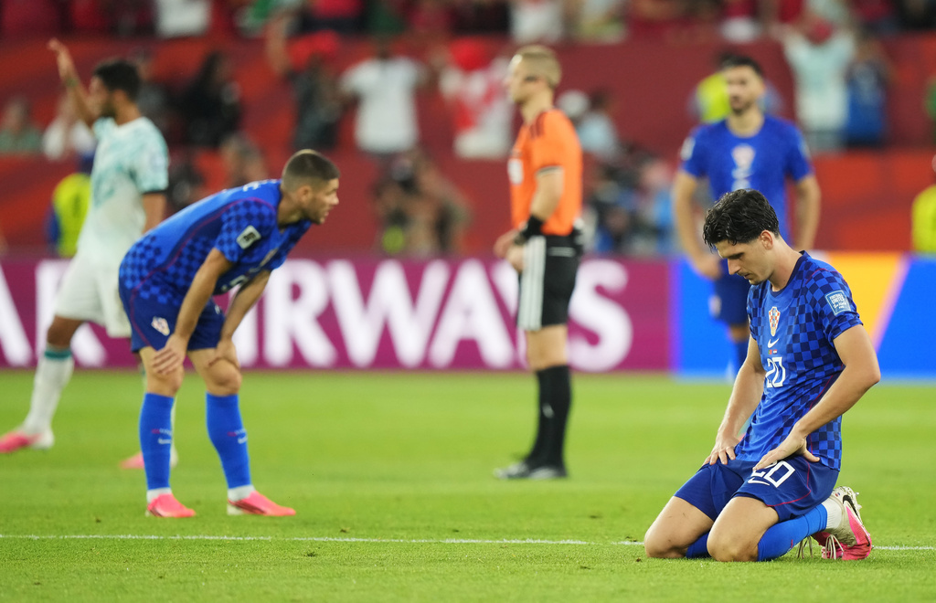 Croatia's Igor Matanovic (20) reacts after the World Cup round of 32 soccer match between Portugal and Croatia in Toronto, Thursday, July 2, 2026. (Nathan Denette/The Canadian Press via AP)