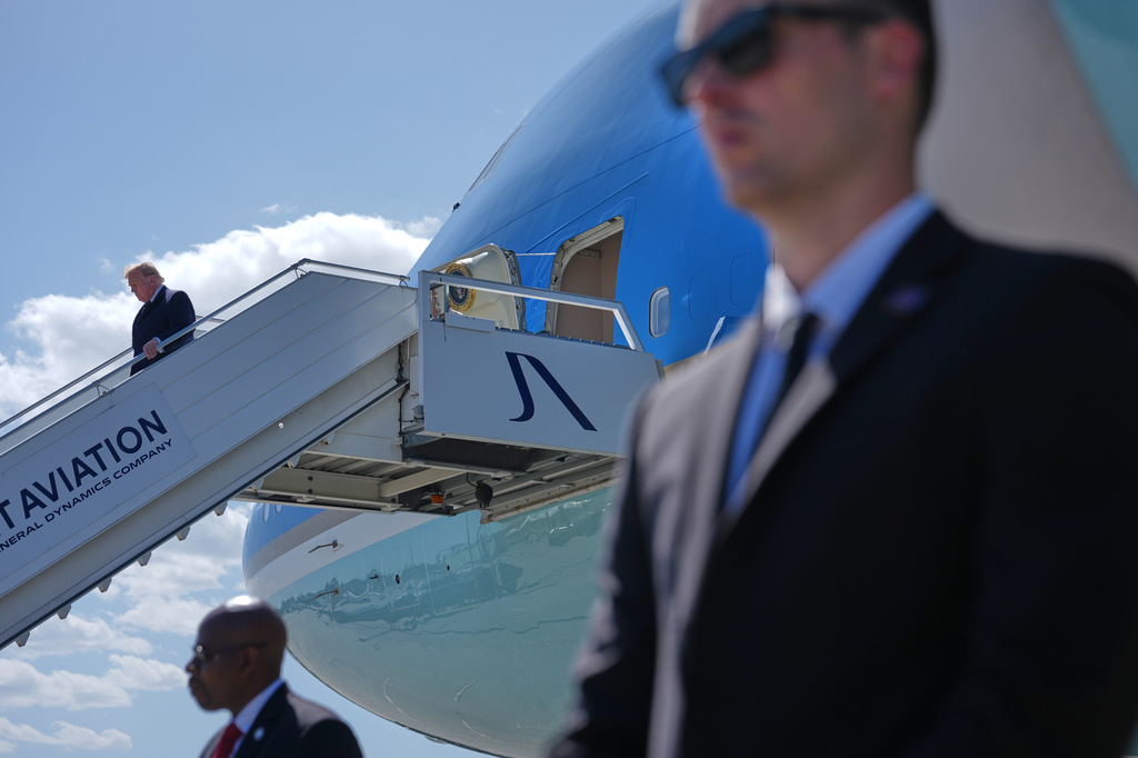 President Donald Trump disembarks Air Force One at Geneva Airport, ahead of the G7 Summit in France, Monday, June 15, 2026, in Geneva, Switzerland. (AP Photo/Julia Demaree Nikhinson)