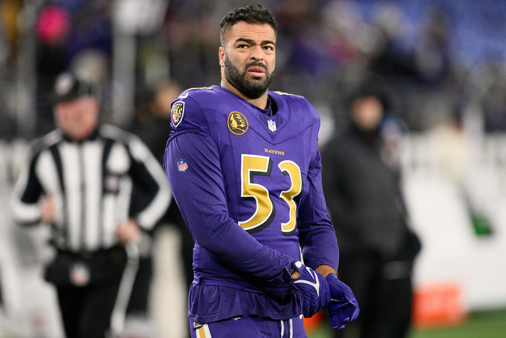FILE - Baltimore Ravens linebacker Kyle Van Noy (53) warms up before an NFL football game against the Cincinnati Bengals, Nov. 27, 2025, in Baltimore. (AP Photo/Nick Wass, File)