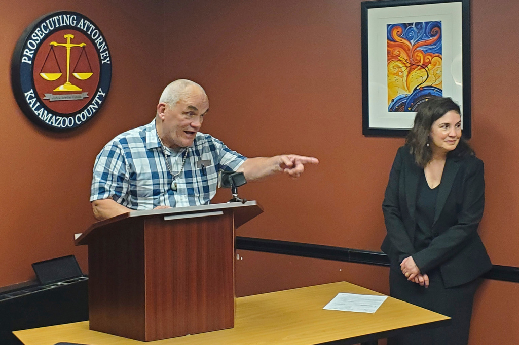 FILE -Jeff Titus speaks at a news conference after learning he will not face a second trial after his double murder conviction was overturned, Thursday, June 1, 2023 in Kalamazoo, Mich. (Marie Weidmayer/Kalamazoo Gazette via AP, File)