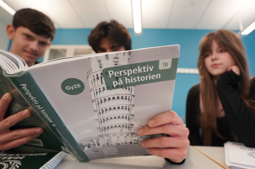 High school students from left, Vasilije Stjepanovic, Aslan Ozhan Kilicasan and Melina Sallahi pose with a history text book at Malmo Borgarskola high school in Malmo, Sweden, May 21, 2026. (AP Photo/James Brooks)