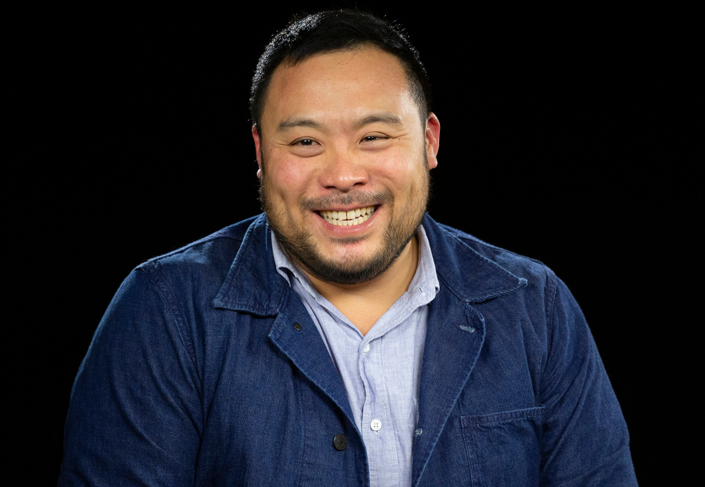 FILE - Chef David Chang speaks during an interview in Los Angeles on Oct. 23, 2019. (AP Photo/Damian Dovarganes, File)