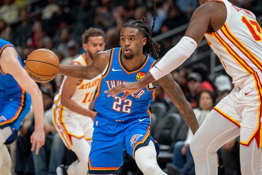 Oklahoma City Thunder guard Cason Wallace (22) looks to pass the ball during the first half of an NBA basketball game against the Atlanta Hawks, Saturday, Oct. 25, 2025, in Atlanta. (AP Photo/Erik Rank) Oklahoma City Thunder guard Cason Wallace (22) looks to pass the ball during the first half of an NBA basketball game against the Atlanta Hawks, Saturday, Oct. 25, 2025, in Atlanta. (AP Photo/Erik Rank)