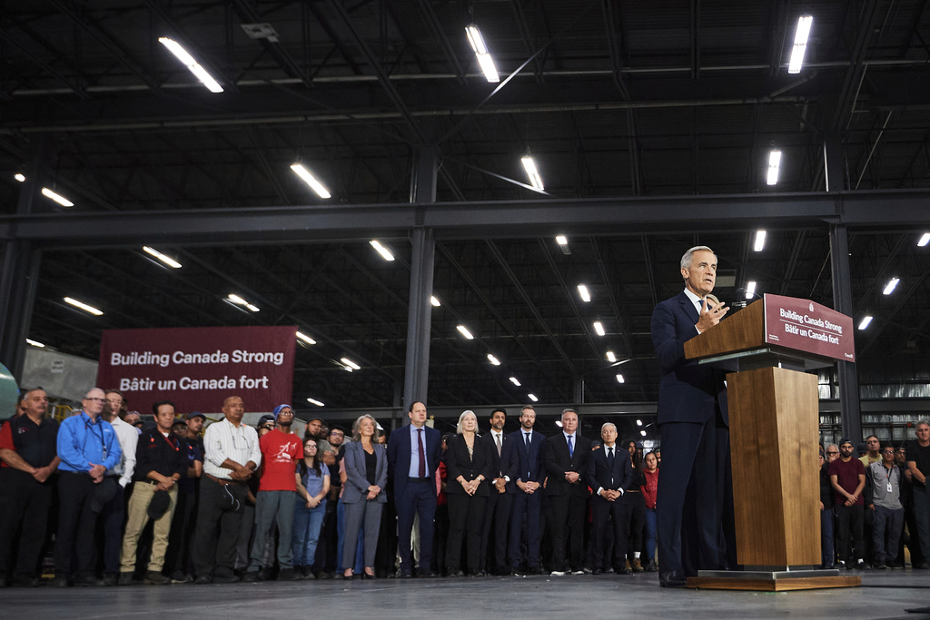 Prime Minister Mark Carney speaks at a press conference in Mississauga, Ont., on Friday, Sept. 5, 2025. (Sammy Kogan /The Canadian Press via AP)