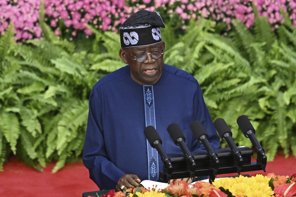 FILE - Nigeria's President Bola Ahmed Tinubu speaks at the opening ceremony of the Forum on China-Africa Cooperation (FOCAC) at the Great Hall of the People in Beijing, Sept. 5, 2024. (Greg Baker/Pool Photo via AP, File)