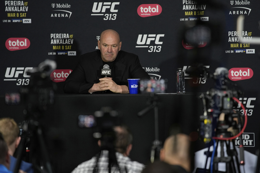 FILE - Dana White, CEO of the Ultimate Fighting Championship, speaks during a news conference following the UFC 313 mixed martial arts event Saturday, March 8, 2025, in Las Vegas. (AP Photo/John Locher, File)