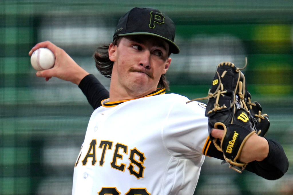 Pittsburgh Pirates pitcher Bubba Chandler delivers during the first inning of a baseball game against the San Diego Padres in Pittsburgh, Monday, April 6, 2026. (AP Photo/Gene J. Puskar)