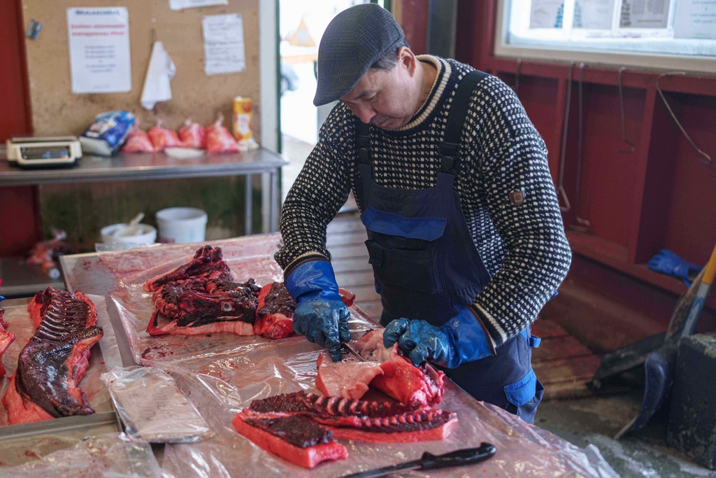 A man cuts seal meat at the market in Nuuk, Greenland, Wednesday, Jan. 14, 2026. (AP Photo/Evgeniy Maloletka)