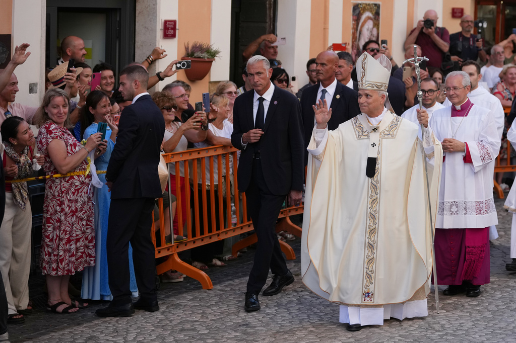 Pope Leo XIV arrives to celebrate a mass at the Basilica Sanctuary of the Mother of Good Counsel in Genazzano, central Italy, Monday, Sept. 7, 2026. (AP Photo/Andrew Medichini)