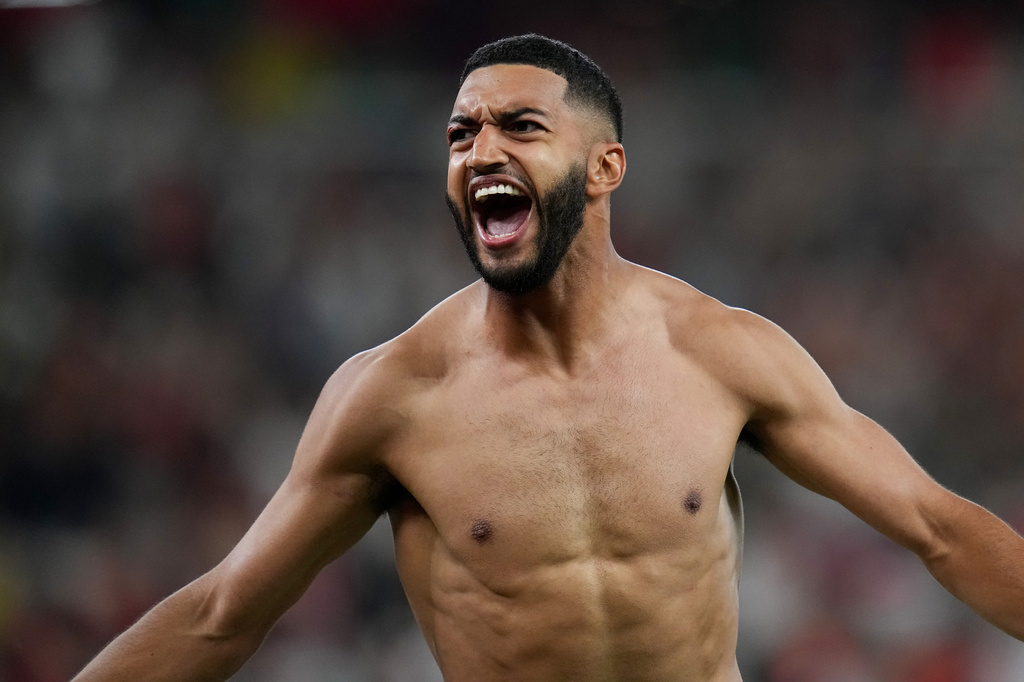 Morocco's Ismael Saibari (11) celebrates kicking the game winning penalty kick goal during the World Cup round of 32 soccer match between the Netherlands and Morocco in Guadalupe, near Monterrey, Mexico, Monday, June 29, 2026. (AP Photo/Dolores Ochoa)
