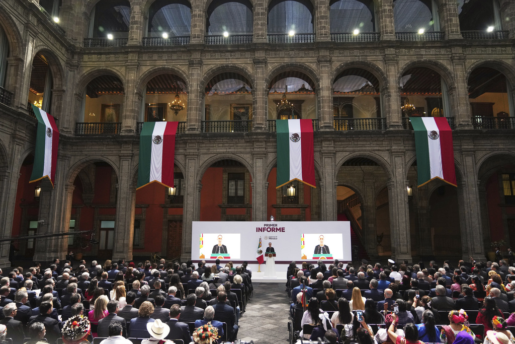 Mexico President Claudia Sheinbaum delivers her first state-of-the-nation address at the National Palace in Mexico City, Monday, Sept. 1, 2025. (AP Photo/Eduardo Verdugo)