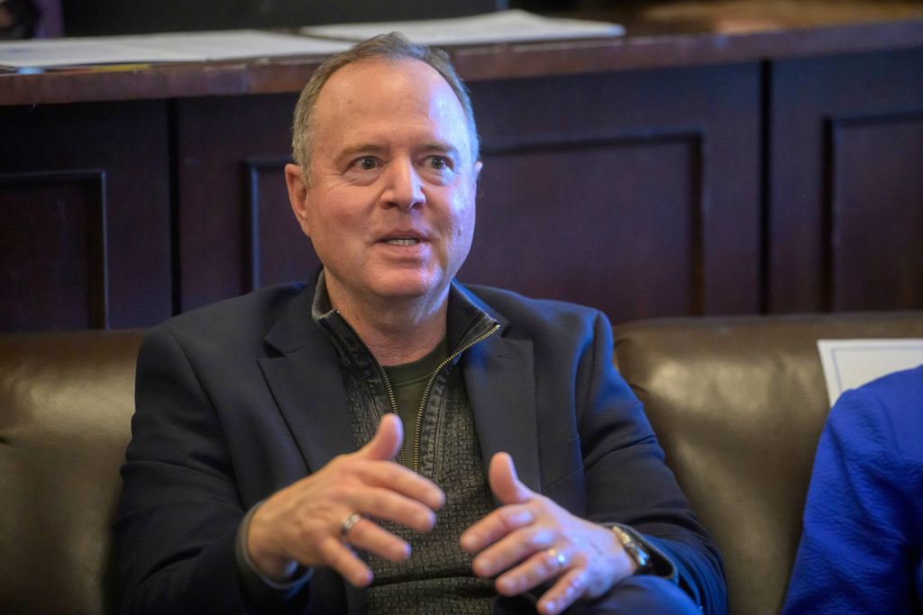 FILE - Sen. Adam Schiff, D-Calif., speaks during a press briefing on the Iran war powers resolution at the Capitol, March 9, 2026, in Washington. (AP Photo/Rod Lamkey, Jr., File)
