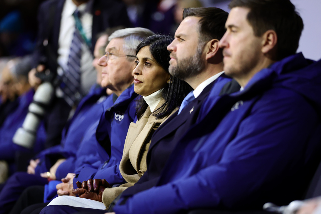 US Vice President JD Vance, center right, and second lady Usha Vance attend the Olympic opening ceremony at the 2026 Winter Olympics, in Milan, Italy, Friday, Feb. 6, 2026. (Andreas Rentz/Pool Photo via AP)