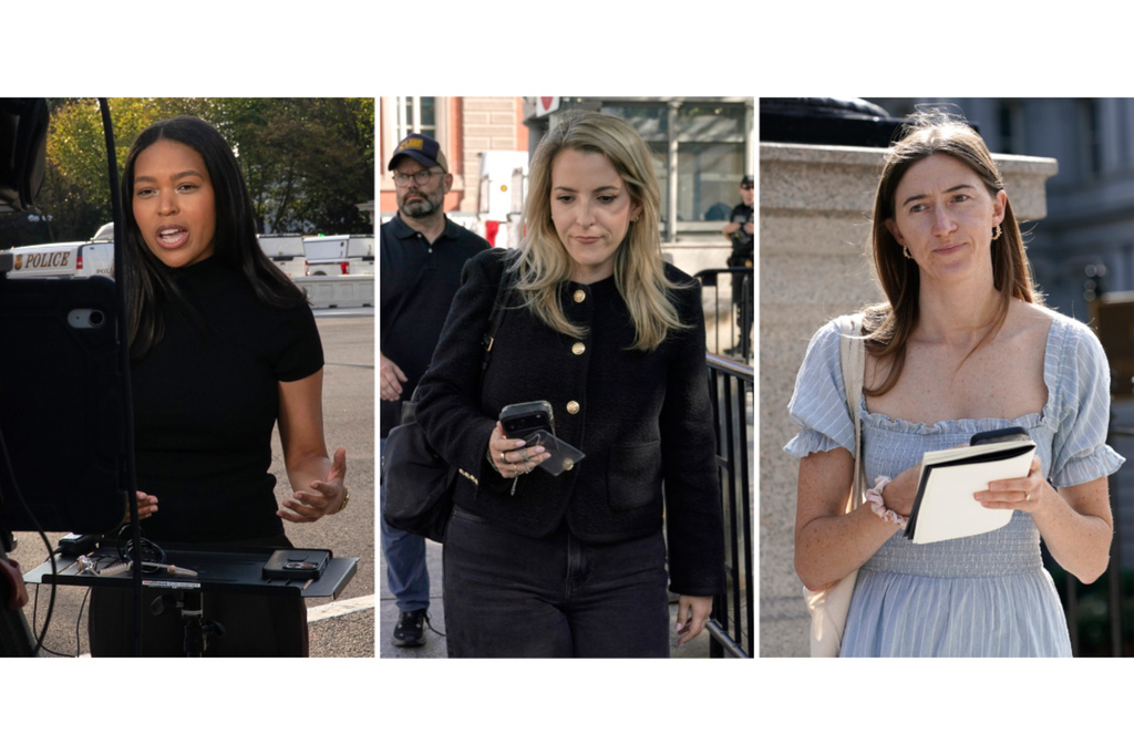 This combination of photos shows MS NOW White House reporter Akayla Gardne, from left, CNN Senior White House Reporter Betsy Klein and Politico White House reporter Cheyenne Haslett near the White House complex after all were denied entry to the White House and had credentials confiscated following President Donald Trump's ban on CNN, MS NOW and Politico, Saturday, Sept. 19, 2026, in Washington. (AP Photos/Jose Luis Magana)