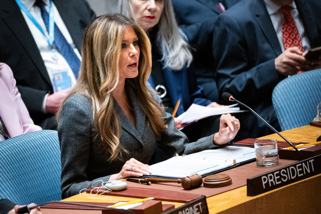 First lady Melania Trump presides over the United Nations Security Council at United Nations headquarters, Monday, March 2, 2026. (AP Photo/Angelina Katsanis)