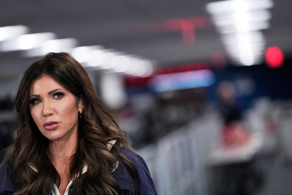 Homeland Security Secretary Kristi Noem speaks during a news conference at Federal Emergency Management Agency headquarters, Saturday, Jan. 24, 2026, in Washington. (AP Photo/Julia Demaree Nikhinson)