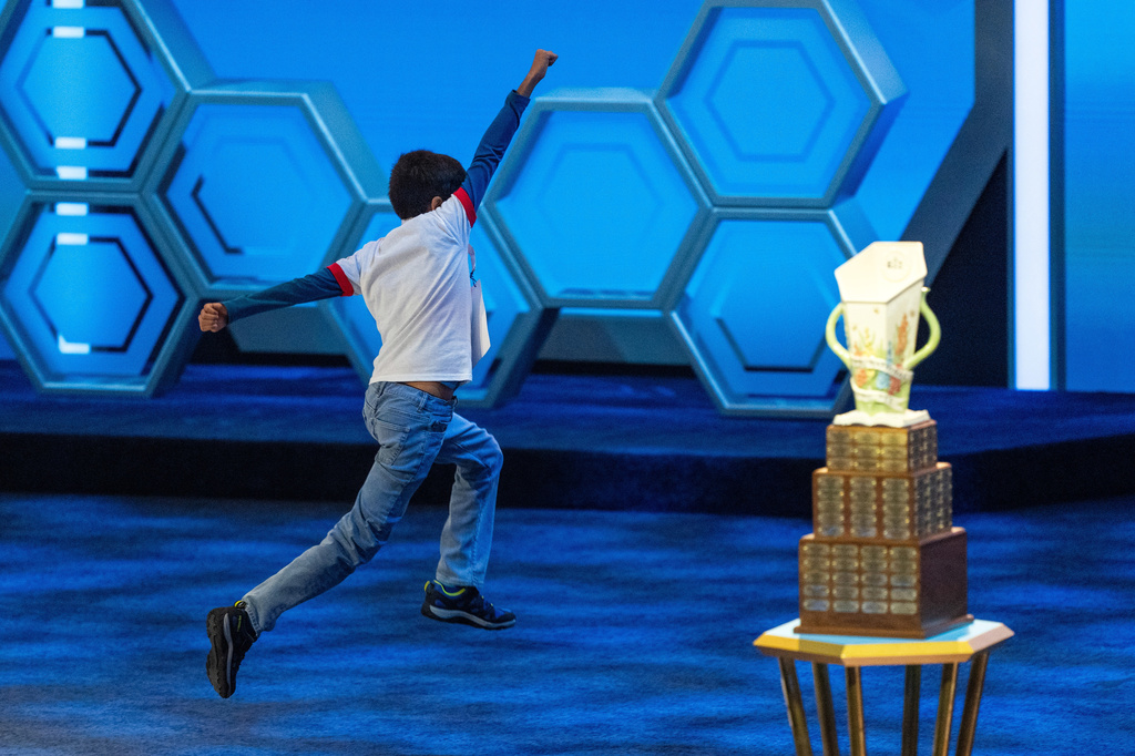 Sanil Thorat, 10, of Shreveport, La., reacts after answering correctly during the quarterfinals of the Scripps National Spelling Bee, Wednesday, May 27, 2026, in Washington. (AP Photo/Allison Robbert)