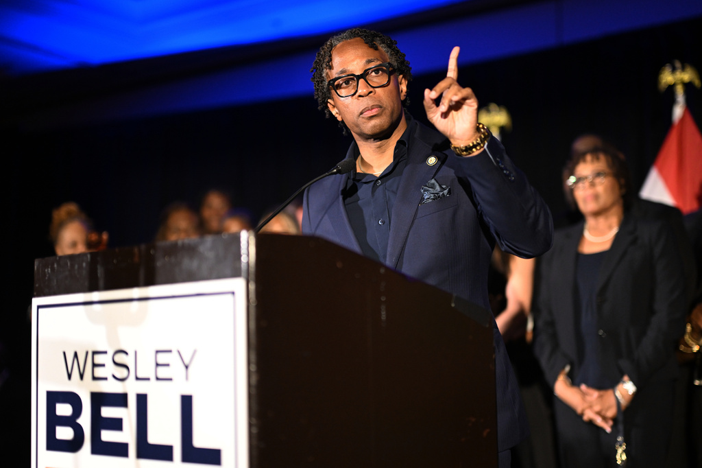 U.S. Rep. Wesley Bell, D-Mo., speaks during a primary election night watch party after winning the Democratic nomination Tuesday, Aug. 4, 2026, in St. Louis. (AP Photo/Michael Thomas)