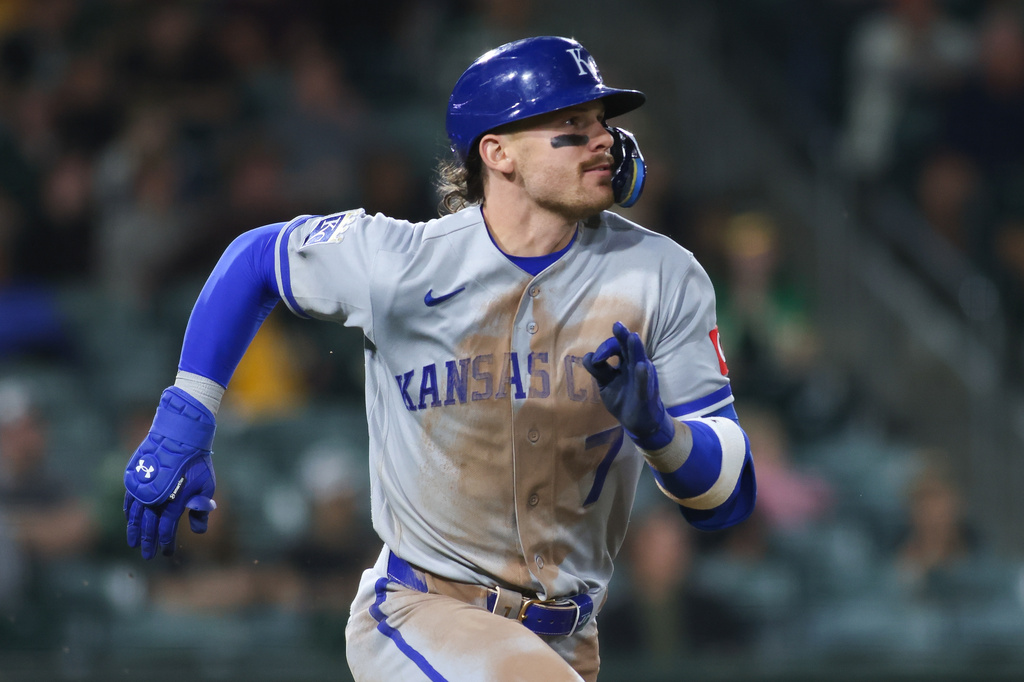 Kansas City Royals' Bobby Witt Jr. watches his three run home run during the 10th inning of a baseball game against the Athletics, Tuesday, April 28, 2026, in West Sacramento, Calif. (AP Photo/Scott Marshall)