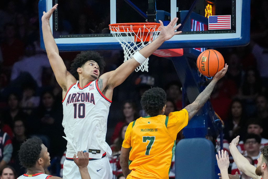 Arizona forward Koa Peat (10) plays defense against Norfolk State guard Anthony McComb III (7) during the second half of an NCAA college basketball game Saturday, Nov. 29, 2025, in Tucson, Ariz. (AP Photo/Darryl Webb)