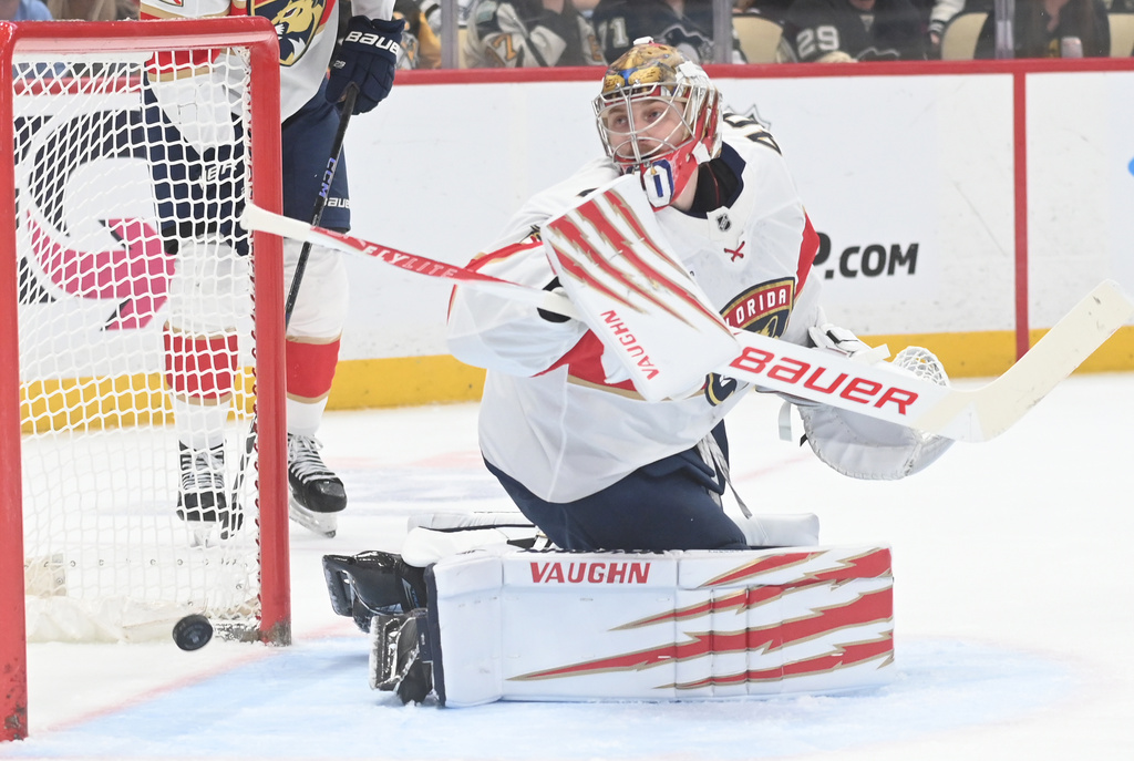 Florida Panthers goalie Daniil Tarasov (40) allows a goal from Pittsburgh Penguins defenseman Ryan Shea during the second period of an NHL game, Saturday, April 4, 2026, in Pittsburgh. (AP Photo/Philip G. Pavely)