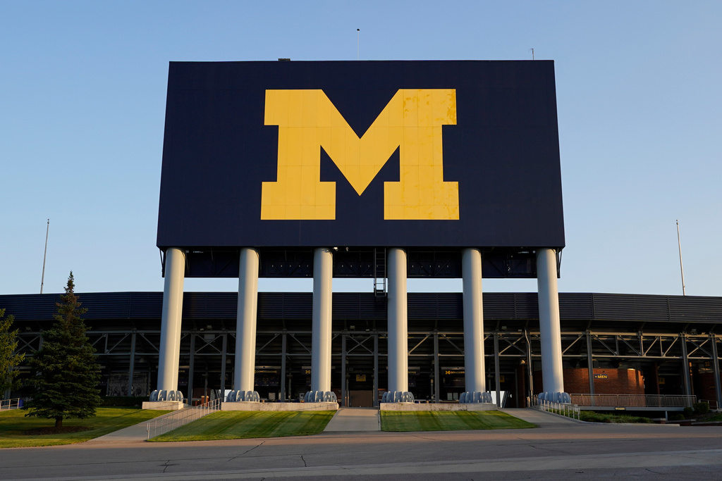 FILE - The University of Michigan football stadium is seen, in Ann Arbor, Mich., Aug. 13, 2020. (AP Photo/Paul Sancya, File)
