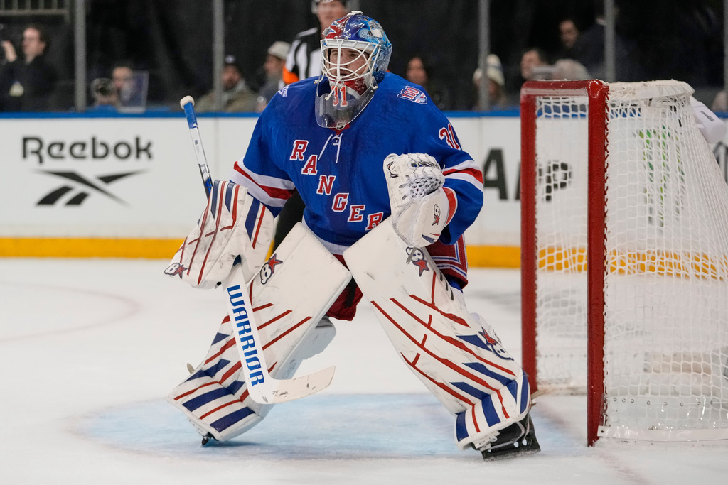 New York Rangers goaltender Igor Shesterkin (31) protects the net during the first period of an NHL hockey game against the Edmonton Oilers Tuesday, Oct. 14, 2025, in New York. (AP Photo/Frank Franklin II)