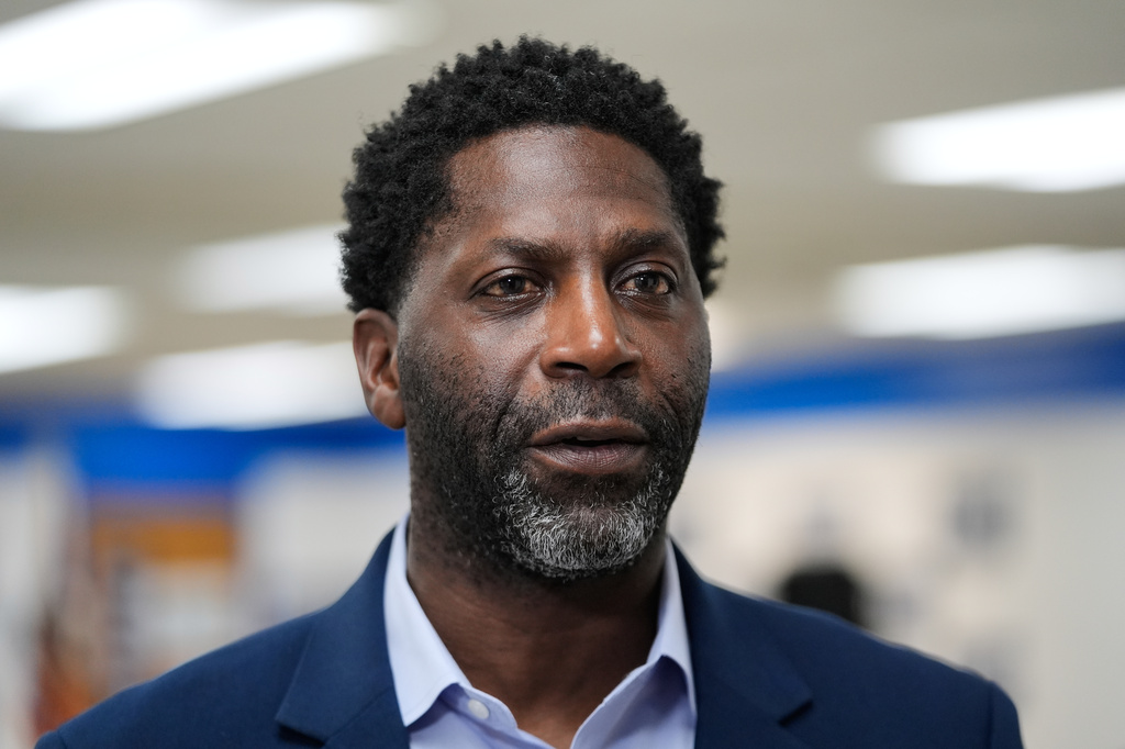 Chedrick Greene, Democratic candidate for the 35th Senate District, speaks at a rally Monday, April 27, 2026, in Saginaw, Mich. (AP Photo/Paul Sancya)