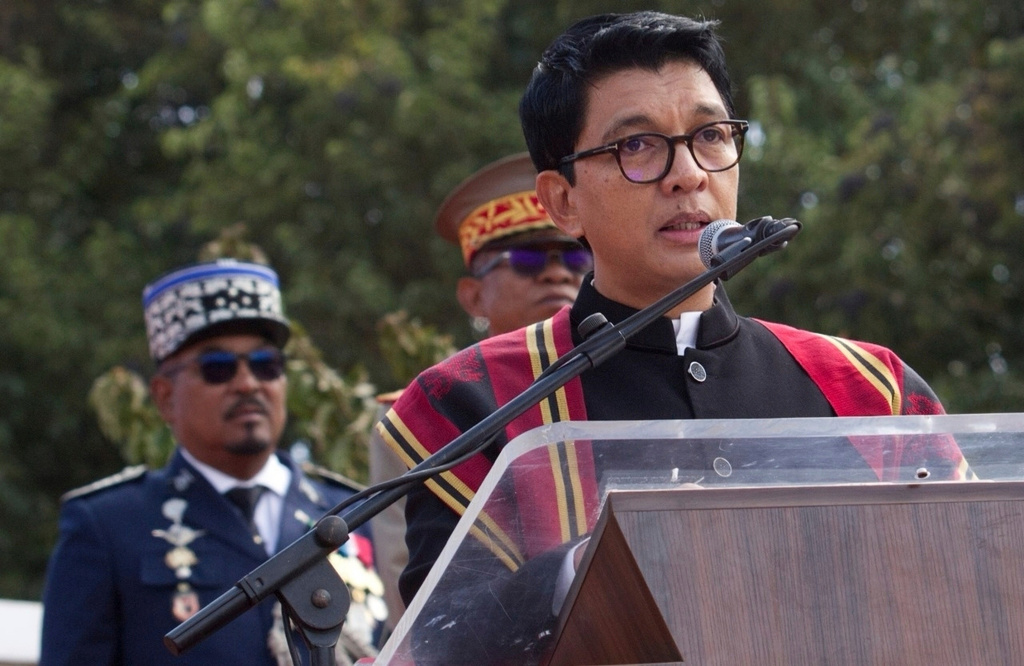 FILE - President Andry Rajoelina addresses a state ceremony, Sept. 2, 2025, in Antananarivo, Madagascar. (AP Photo/Alexander Joe, file)