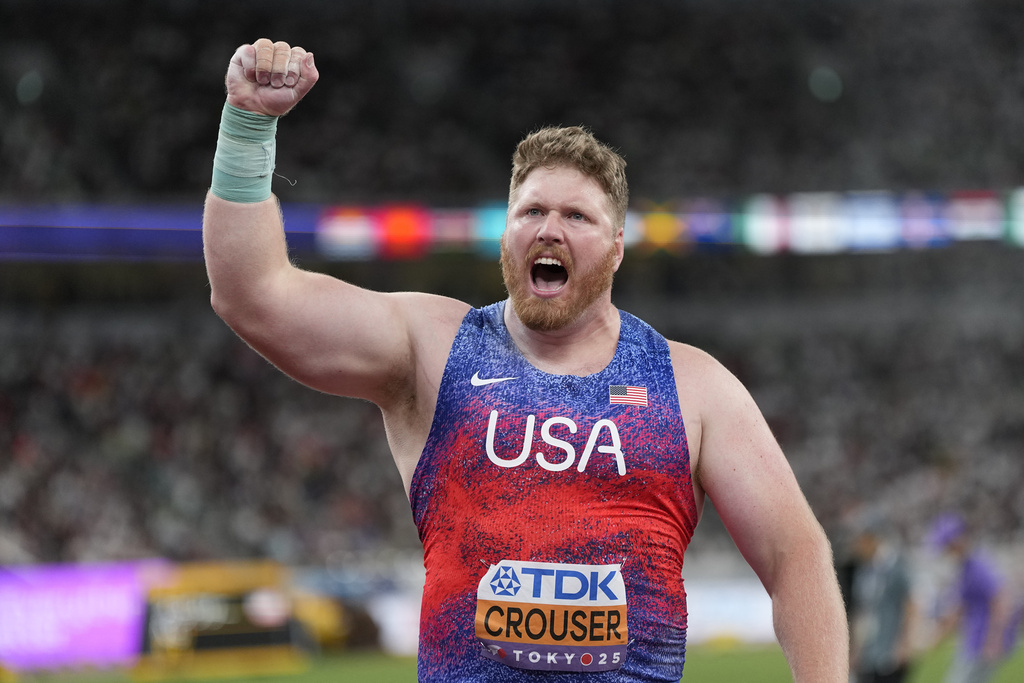 United States' Ryan Crouser reacts as he competes in the men's shot put final at the World Athletics Championships in Tokyo, Saturday, Sept. 13, 2025. (AP Photo/Ashley Landis)