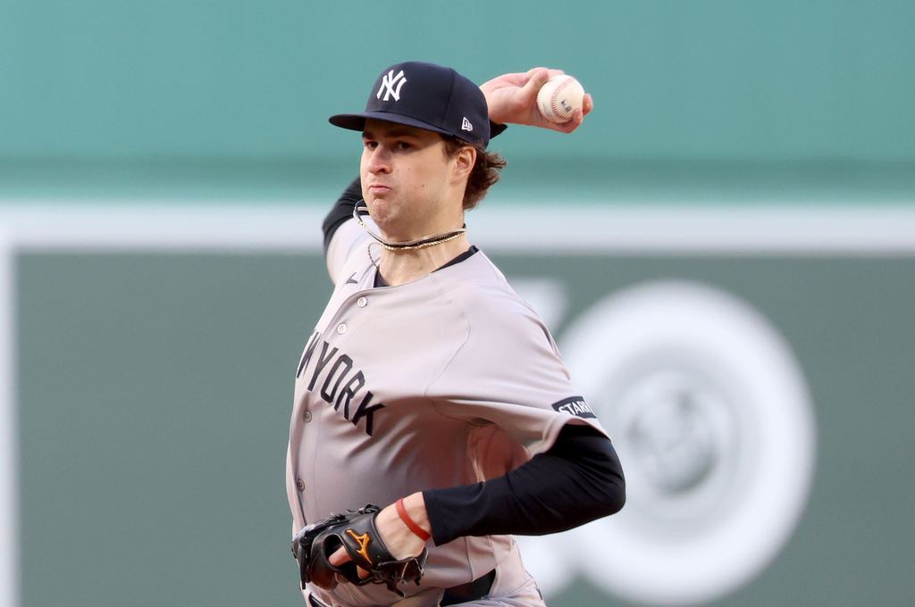 New York Yankees pitcher Cam Schlittler throws during the first inning of a baseball game against the Boston Red Sox, Thursday, April 23, 2026, in Boston. (AP Photo/Mark Stockwell)