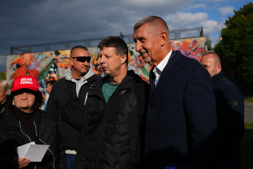 Chairman of opposition "ANO" (YES) movement Andrej Babis talks to his supporters during a rally ahead of Parliamentary elections in Prague, Czech Republic, Sept. 30, 2025. (AP Photo/Petr David Josek)