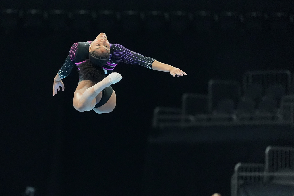 Skye Blakely competes in the women's floor exercise during the U.S. Gymnastics Championships, Sunday, Aug. 9, 2026, in Phoenix. (AP Photo/Ross D. Franklin)