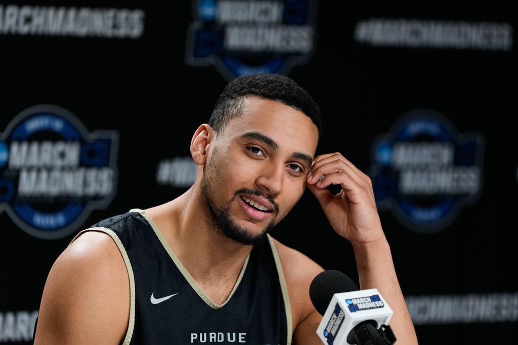 FILE - Purdue's Trey Kaufman-Renn speaks during a press conference, March 25, 2026, in San Jose, Calif., ahead of a Sweet 16 game against Texas in the NCAA college basketball tournament. (AP Photo/Godofredo A. V&aacute;squez, File)