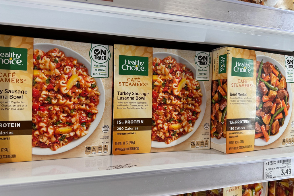Meals with "GLP-1 Friendly" labels sit on the shelf of a Kroger grocery store Tuesday, Jan. 13, 2026, in Ann Arbor, Mich. (AP Photo/Dee-Ann Durbin)