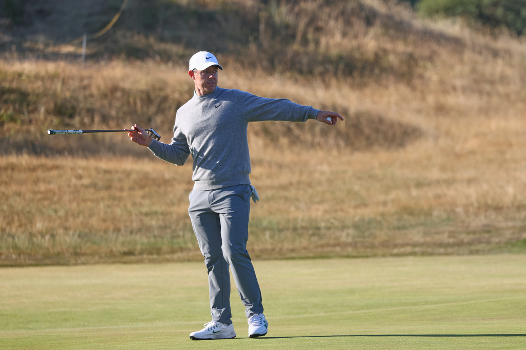 Rory McIlroy of Northern Ireland gestures after putting on the 4th green during a practice round for the British Open Golf championships at Royal Birkdale golf club, in Southport, England, Tuesday, July 14, 2026. (AP Photo/Peter Morrison)