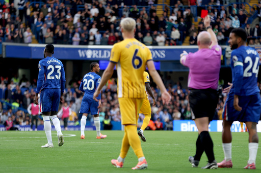 Chelsea's Trevoh Chalobah, left, is given a red card during the English Premier League soccer match between Chelsea and Brighton & Hove Albion at Stamford Bridge, London, Saturday Sept. 27, 2025. (Steven Paston/PA via AP) Chelsea's Trevoh Chalobah, left, is given a red card during the English Premier League soccer match between Chelsea and Brighton & Hove Albion at Stamford Bridge, London, Saturday Sept. 27, 2025. (Steven Paston/PA via AP)