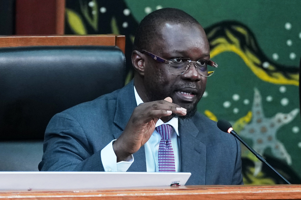 Ousmane Sonko speaks following his election as the President of the National Assembly in Dakar, Senegal, Tuesday, May 26, 2026,(AP Photo/Misper Apawu) CORRECTION: Name corrected to Ousmane instead of Ousman