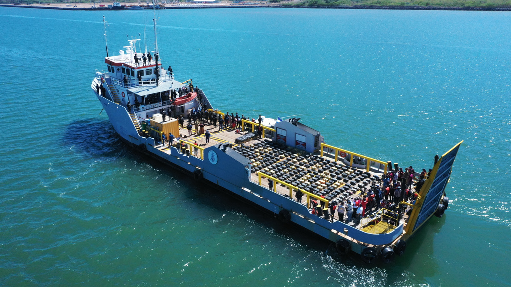 Drugs seized by El Salvador's Navy are displayed during a press conference in Puerto la Union, El Salvador, Thursday, Feb. 19, 2026. (AP Photo/Salvador Melendez)