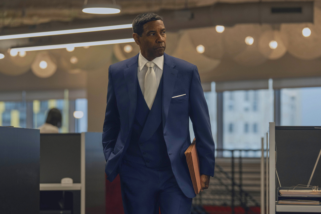 This image released by A24 shows Denzel Washington in a scene from "Highest 2 Lowest." (A24 via AP)